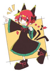 Rule 34 | 1girl, :3, animal ears, asameshi, bad id, bad twitter id, black bow, black dress, black footwear, bow, cat ears, cat tail, clenched hand, dress, extra ears, full body, hair bow, highres, kaenbyou rin, long sleeves, looking at viewer, multiple tails, notice lines, open mouth, outstretched arm, pointing, pointy ears, red eyes, red hair, shoes, smile, solo, tail, touhou, two tails, wide sleeves, yellow background
