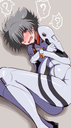 Rule 34 | 1boy, ?, ayanami rei, ayanami rei (cosplay), blush, bodysuit, brown eyes, commentary request, cosplay, covering privates, covering chest, crossdressing, embarrassed, feet out of frame, fetal position, fujitaka nasu, grey background, grey hair, highres, interface headset, lying, nagisa kaworu, neon genesis evangelion, nose blush, on side, plugsuit, solo, spoken question mark, white bodysuit