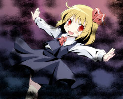 Rule 34 | 1girl, ascot, blonde hair, blush, female focus, hair ribbon, komiru, long sleeves, open mouth, outstretched arms, outstretched hand, red eyes, ribbon, rumia, short hair, skirt, skirt set, solo, touhou
