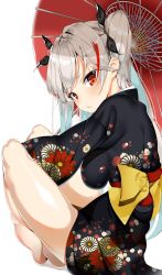 Rule 34 | 1girl, absurdres, azur lane, barefoot, blush, commentary, from side, hair ribbon, highres, indian style, japanese clothes, kimono, long hair, long sleeves, looking at viewer, multicolored hair, nue0, obi, oil-paper umbrella, prinz eugen (azur lane), red eyes, ribbon, sash, short kimono, silver hair, simple background, sitting, solo, streaked hair, two side up, umbrella, white background