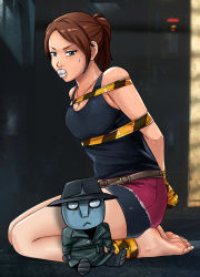 Rule 34 | 1girl, annoyed, barefoot, bike shorts, black tank top, blue eyes, bound, bound ankles, bound torso, bound wrists, breasts, brown hair, capcom, claire redfield, cloth gag, feet, gag, gagged, highres, improvised gag, jewelry, legs, looking down, lost one zero, necklace, stuffed toy, resident evil, resident evil 2, seiza, shirt, shorts, sitting, sleeveless, sleeveless shirt, solo, tank top, tape, thighs