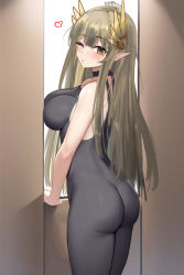 Rule 34 | 1girl, ;d, arknights, ass, blunt bangs, blush, bodypaint, breast press, breasts, brown eyes, brown hair, cowboy shot, from behind, hair ornament, heart, highres, large breasts, long hair, looking at viewer, looking back, mikuning, muelsyse (arknights), naked paint, nude, one eye closed, open mouth, painted clothes, parted lips, smile, solo, very long hair, window