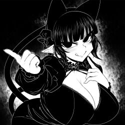 Rule 34 | 1girl, :q, animal ears, blunt bangs, breasts, cat ears, cat girl, cat tail, cleavage, closed mouth, commentary request, curvy, extra ears, greyscale, haseru (ginku mh), heart, huge breasts, kaenbyou rin, leaning forward, long sleeves, looking at viewer, medium hair, monochrome, multiple tails, nekomata, pointy ears, sidelocks, smile, solo, tail, tongue, tongue out, touhou, two tails, upper body