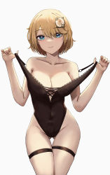 Rule 34 | 1girl, absurdres, bare hips, bare shoulders, black one-piece swimsuit, blonde hair, blue eyes, breasts, cleavage, closed mouth, collarbone, contrapposto, covered navel, cowboy shot, curvy, gluteal fold, hair ornament, hands up, highres, hololive, hololive english, lace, lace-trimmed swimsuit, lace trim, large breasts, looking at viewer, medium hair, one-piece swimsuit, simple background, smile, strap pull, swimsuit, thigh gap, thigh strap, vicarious, virtual youtuber, watson amelia, white background, wide hips