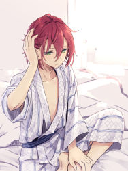 Rule 34 | 10s, 1boy, barefoot, bed, bed sheet, ensemble stars!, green eyes, hair between eyes, hair down, half-closed eyes, hand in own hair, isara mao, japanese clothes, kimono, male focus, open clothes, pectorals, pink hair, red hair, rimo, sitting, solo, waking up