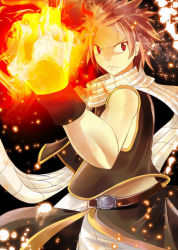 Rule 34 | 1boy, asymmetrical clothes, black background, clenched hands, fairy tail, fire, gradient background, looking at viewer, male focus, natsu dragneel, pink hair, scarf, solo