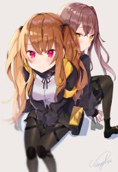 Rule 34 | 2girls, absurdres, artist name, blush, bow, breasts, brown hair, closed mouth, fingerless gloves, girls&#039; frontline, gloves, hair between eyes, hair bow, hair ornament, highres, long hair, long sleeves, looking at viewer, looking back, medium breasts, multiple girls, one side up, pantyhose, red eyes, sidelocks, simple background, sinobi illust, sitting, smile, twintails, ump45 (girls&#039; frontline), ump9 (girls&#039; frontline), white background, yellow eyes