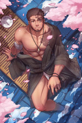 Rule 34 | 1boy, abs, bandages, bara, belt, biceps, bracelet, brown hair, cherry blossoms, dark-skinned male, dark skin, dungeon and fighter, facial hair, fundoshi, highres, japanese clothes, jewelry, kimono, kulolin, looking at viewer, looking up, male focus, male underwear, manly, mature male, muscular, muscular male, necklace, nipples, pectorals, petals, plate, red eyes, scar, scar on face, serious, sitting, solo, spiked hair, stubble, thighs, topless male, underwear, water, wooden floor, yukata