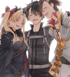 Rule 34 | 1girl, 2boys, ameshiki, black hair, blonde hair, cape, chain, chain necklace, closed eyes, earrings, ereshkigal (fate), fate/grand order, fate (series), fujimaru ritsuka (male), fujimaru ritsuka (male) (polar chaldea uniform), fur-trimmed cape, fur trim, hands on another&#039;s shoulders, highres, jewelry, long hair, mandricardo (fate), multiple boys, necklace, polar chaldea uniform, tiara, white background