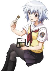 Rule 34 | 10s, 1girl, ben-tou, bento, black pantyhose, blush, boots, chopsticks, cross-laced footwear, crossed legs, eating, extraction, highres, hirata katsuzou, open mouth, pantyhose, pleated skirt, red eyes, school uniform, short hair, silver hair, sitting, skirt, smile, solo, sweater vest, transparent background, yarizui sen