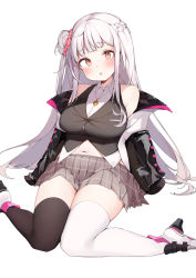 Rule 34 | 1girl, absurdres, asymmetrical legwear, bare shoulders, black jacket, black thighhighs, black vest, blush, borrowed character, braid, breasts, collared shirt, commission, foot out of frame, grey skirt, hair bun, high heels, highres, jacket, large breasts, long hair, looking at viewer, midriff, mismatched legwear, navel, off shoulder, open clothes, open jacket, original, parted lips, pink eyes, plaid, plaid skirt, pleated skirt, shin no tenpii, shirt, silver hair, simple background, single hair bun, single side bun, sitting, skeb commission, skirt, sleeveless, sleeveless shirt, solo, swimsuit, thighhighs, very long hair, vest, white background, white footwear, white jacket, white shirt, white thighhighs