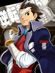 Rule 34 | 1boy, ace attorney, apollo justice, bandage over one eye, bandaged arm, bandages, blue coat, blue necktie, brown hair, cha kuro (limo), clenched hand, closed mouth, coat, coat on shoulders, jacket, male focus, necktie, official style, phoenix wright: ace attorney - dual destinies, red jacket, shirt, short hair, smile, solo, translation request, upper body, white shirt