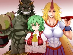 Rule 34 | 1boy, 2girls, abs, ascot, beard, black hair, blonde hair, breasts, colored skin, covered navel, crossed arms, cuffs, cup, demon boy, eyebrows, facial hair, fangs, gourd, green hair, grey skin, grin, hand on own hip, highres, horns, hoshiguma yuugi, kazami yuuka, large breasts, long hair, multiple girls, oni, parted lips, plaid, plaid vest, red eyes, sakazuki, shackles, topless male, short hair, skirt, smile, thick eyebrows, touhou, vest, yagami (mukage)