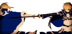 Rule 34 | 1girl, ahoge, armor, arthur pendragon (fate), artoria pendragon (all), artoria pendragon (fate), belt, belt buckle, blonde hair, blue cape, blue ribbon, braid, breastplate, buckle, cape, closed eyes, commentary request, excalibur (fate/prototype), excalibur (fate/stay night), facing away, facing viewer, fate/prototype, fate (series), faulds, fur trim, gloves, gorget, hair between eyes, hair bun, hair ribbon, highres, hiiragi fuyuki, holding, holding sword, holding weapon, ribbon, saber (fate), simple background, single hair bun, smile, standing, sword, weapon, white background
