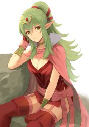 Rule 34 | 1girl, bracelet, breasts, cape, cleavage, closed mouth, commentary request, dress, fire emblem, fire emblem awakening, gloves, green eyes, green hair, hair between eyes, hair ornament, highres, jewelry, labebebe lee, long hair, looking at viewer, medium breasts, nintendo, pink cape, pointy ears, ponytail, red dress, red gloves, short dress, sidelocks, sitting, smile, solo, tiki (adult) (fire emblem), tiki (fire emblem), very long hair