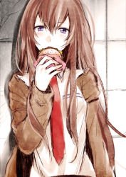 Rule 34 | 1girl, against wall, arisaka ako, blue eyes, blush, brown hair, burger, eating, food, holding, jacket, long hair, long sleeves, looking at viewer, makise kurisu, necktie, open mouth, pocket, red necktie, shirt, solo, steins;gate, upper body, wall