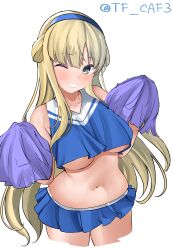 Rule 34 | 1girl, absurdres, alternate costume, blonde hair, blue shirt, blush, breasts, cheerleader, crop top, double bun, fletcher (kancolle), hair bun, hairband, highres, kantai collection, large breasts, long hair, looking at viewer, midriff, miniskirt, navel, pleated skirt, pom pom (cheerleading), shirt, simple background, skirt, smile, solo, tf cafe, twitt, twitter username