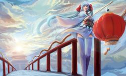 Rule 34 | 1girl, blue eyes, blue hair, from below, hair ribbon, hatsune miku, highres, japanese clothes, kimono, lantern, long hair, matching hair/eyes, mountain, nephy, outdoors, ribbon, sky, solo, thighhighs, twintails, very long hair, vocaloid, zettai ryouiki