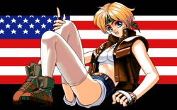 Rule 34 | 1girl, :d, ahoge, american flag, bandaid, bandaid on face, bandaid on nose, belt, blonde hair, blue eyes, boots, bra, brass knuckles, breasts, brown footwear, brown gloves, brown vest, bustier, buttons, camouflage, clenched hand, emily barnet, eyebrows, fingerless gloves, flag background, fujisan goushi, full body, game cg, gloves, headband, index finger raised, knees up, looking at viewer, midriff, open clothes, open mouth, open vest, pc-98 (style), pc98, short hair, short shorts, shorts, sitting, small breasts, smile, solo, star (symbol), the queen of duellist, thighhighs, thighs, underwear, united states, vest, weapon, white bra, white thighhighs