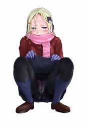 Rule 34 | 1girl, black socks, blonde hair, blue eyes, blue gloves, blue socks, blush, bow, bow panties, brown footwear, clothes lift, earmuffs, embarrassed, female focus, forehead, full body, gloves, gusset, hair ornament, hairclip, half-closed eyes, hands up, headphones, jacket, kneehighs, lifted by self, loafers, long hair, looking away, looking to the side, lunalu9, original, panties, panties under pantyhose, pantyhose, pantyshot, pink panties, pink scarf, polka dot, polka dot panties, red jacket, scarf, shoes, simple background, sitting, skirt, skirt lift, socks, solo, squatting, thighband pantyhose, underwear, white background, winter clothes