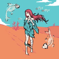 Rule 34 | 1girl, akairiot, bandages, bare shoulders, barefoot, blue sky, cactus, cloud, cloudy sky, day, desert, facing viewer, fish skeleton, floating, footprints, full body, halftone, hands up, highres, limited palette, long hair, looking away, looking to the side, original, outdoors, profile, red hair, sand, sky, solo, standing, surreal, wind