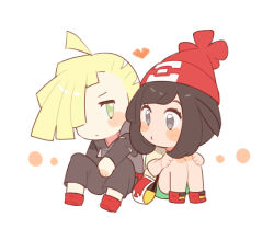 Rule 34 | 1boy, 1girl, bag, beanie, black eyes, black hair, black jacket, black pants, blonde hair, blush, blush stickers, chibi, closed mouth, creatures (company), full body, game freak, gladion (pokemon), green eyes, green shorts, hair over one eye, hands on own knees, hands up, hat, heart, jacket, knees up, long sleeves, looking at another, looking to the side, nintendo, pants, poke ball symbol, poke ball theme, pokemon, pokemon sm, red footwear, red headwear, selene (pokemon), shirt, shoes, short hair, short shorts, short sleeves, shorts, simple background, sitting, unapoppo, white background, yellow shirt