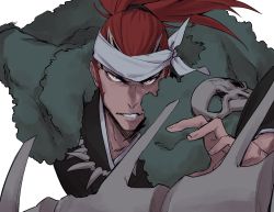 Rule 34 | 1boy, abarai renji, bandana, bleach, clenched teeth, commentary request, fingernails, highres, jewelry, looking at viewer, male focus, necklace, ponytail, red hair, samei ikusa, simple background, solo, teeth, tooth necklace, upper body, white background, yellow eyes