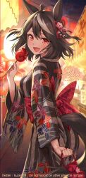Rule 34 | 1girl, ahoge, animal ears, artist name, bag, black hair, black kimono, bow, breasts, candy apple, commentary request, dated, ear ornament, festival, floral print, food, hair between eyes, handbag, highres, horse ears, horse girl, horse tail, japanese clothes, kimono, kitasan black (umamusume), kuze kaname, long sleeves, looking at viewer, looking back, medium breasts, multicolored hair, night, obi, outdoors, red bow, red eyes, sash, solo, streaked hair, summer festival, tail, umamusume, white hair