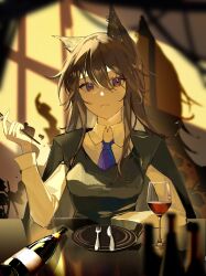 Rule 34 | 1girl, 906 (9065495294), absurdres, alcohol, animal ear fluff, animal ears, arknights, black hair, black jacket, black vest, blue necktie, blurry, blurry background, blurry foreground, bottle, breasts, brown eyes, collared shirt, cup, depth of field, drinking glass, ear piercing, fork, hair between eyes, hand up, highres, holding, holding fork, jacket, jacket on shoulders, knife, long hair, long sleeves, looking at viewer, medium breasts, necktie, parted lips, piercing, plate, shirt, solo, texas (arknights), texas the omertosa (arknights), vest, white shirt, wine, wine glass