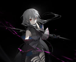 Rule 34 | 1girl, absurdres, arknights, black background, black gloves, bow, breasts, eyebrows hidden by hair, gloves, grey hair, hair between eyes, highres, holding, holding sword, holding weapon, long hair, looking at viewer, open mouth, red eyes, simple background, skadi (arknights), skadi (elite ii) (arknights), skirt, solo, sword, weapon, whale girl, yukuso (dabiandang)