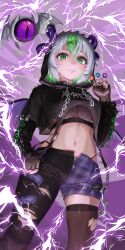 1girl apricot_the_lich apricot_the_lich_(goth) black_hoodie black_nails candy collar crop_top cropped_hoodie demon_girl demon_horns demon_wings eyeshadow fishnet_top fishnets food food_in_mouth green_eyes green_hair grey_hair hair_ornament highleg highleg_panties highres hitsuji_(sheepsb22) holding holding_candy holding_food holding_lollipop hood hoodie horn_piercing horns lightning lollipop long_sleeves looking_at_viewer makeup mismatched_pants multicolored_hair multiple_horns panties pants purple_eyeshadow purple_horns short_hair single_thighhigh smile solo spiked_collar spikes streaked_hair thighhighs torn_clothes torn_pants torn_thighhighs underwear virtual_youtuber vshojo wings x_hair_ornament