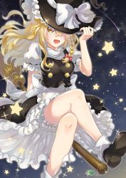 Rule 34 | 1girl, artist request, black dress, blonde hair, bow, braid, breasts, broom, crossed legs, dress, female focus, flying, frills, glowing, hair bow, hair ornament, hat, hat bow, highres, holding, holding clothes, holding hat, kirisame marisa, leaf, leaning, long hair, looking at viewer, no nose, one eye covered, open mouth, puffy sleeves, red bow, sash, shoes, shooting star, side braid, sitting, sky, smile, socks, star (sky), star (symbol), starry background, starry sky, touhou, underwear, upskirt, white bow, yellow eyes