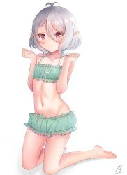Rule 34 | 1girl, absurdres, antenna hair, bare shoulders, blush, bra, cinderella bust, closed mouth, collarbone, commentary request, elf, flat chest, frilled bra, frilled panties, frills, full body, green bra, green panties, groin, hair between eyes, highres, kneeling, kokkoro (princess connect!), looking at viewer, md5 mismatch, midriff, navel, panties, pink eyes, pointy ears, princess connect!, ribbon-trimmed underwear, ribbon trim, short hair, sidelocks, signature, silver hair, simple background, solo, teren, textless version, underwear, underwear only, w arms, white background