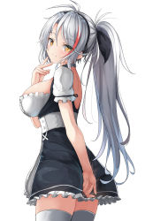 Rule 34 | 1girl, absurdres, antenna hair, azur lane, black dress, blush, breasts, brown eyes, closed mouth, commentary request, covering privates, covering ass, dress, frilled dress, frills, hair between eyes, hand up, highres, large breasts, long hair, looking at viewer, looking to the side, moyoron, multicolored hair, parted bangs, ponytail, prinz eugen (azur lane), puffy short sleeves, puffy sleeves, red hair, short sleeves, simple background, smile, solo, streaked hair, thighhighs, very long hair, white background, white hair, white thighhighs