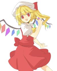 Rule 34 | 1girl, bad id, bad pixiv id, blonde hair, fang, female focus, flandre scarlet, hasebe yuusaku, hat, mob cap, red eyes, side ponytail, simple background, solo, standing, touhou, white background
