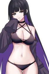 Rule 34 | 1girl, arm up, bare shoulders, bikini, black bikini, black choker, black hair, blunt bangs, bocchi the rock!, breasts, chin piercing, choker, collarbone, colored inner hair, detached sleeves, feet out of frame, grey eyes, groin, highres, kushinaka, large breasts, long hair, looking at viewer, multicolored hair, navel, pa-san, purple hair, simple background, sleeves past fingers, sleeves past wrists, smile, solo, standing, swimsuit, thighs, very long hair, white background