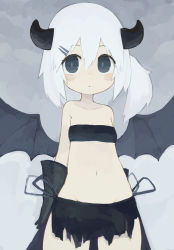 Rule 34 | 1girl, bandeau, breasts, cleavage, cowboy shot, demon girl, demon wings, eyelashes, eyes visible through hair, female focus, flat chest, hair between eyes, horns, low wings, microskirt, midriff, muted color, navel, outdoors, paprika shikiso, parted bangs, skirt, solo, standing, stomach, torn clothes, torn skirt, white hair, wings