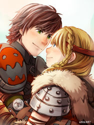 Rule 34 | 1boy, 1girl, armor, astrid hofferson, blonde hair, blue eyes, blush, braid, brown hair, circlet, couple, eye contact, fur, green eyes, hetero, hiccup horrendous haddock iii, how to train your dragon, how to train your dragon 2, hug, kadeart, long hair, looking at another, aged up, pauldrons, shoulder armor, side braid