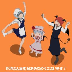 Rule 34 | . ., 3girls, :d, ^ ^, alternate hair length, alternate hairstyle, alternate headwear, apron, arm up, arms up, ascot, bad id, bad pixiv id, barefoot, bat wings, blue dress, blue hair, bow, closed eyes, dancing, demon tail, dress, happy, hat, hat bow, head scarf, head wings, height difference, izayoi sakuya, koakuma, long sleeves, maid, maid apron, mob cap, multiple girls, no nose, no shoes, open mouth, orange background, pantyhose, parody, red hair, remilia scarlet, short sleeves, silver hair, simple background, skirt, skirt set, smile, socks, tail, touhou, translation request, un poco, vest, waist apron, wings, yotsubato!