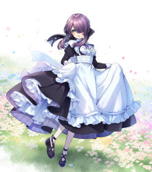 Rule 34 | 1girl, ao no neko, apron, breasts, center frills, clothes lift, dress, dress lift, field, floating hair, flower, flower field, frills, full body, grass, hair over one eye, hair ribbon, highres, juliet sleeves, lifted by self, long dress, long sleeves, looking at viewer, maid, maid apron, medium breasts, original, outdoors, petals, puffy sleeves, purple hair, ribbon, shoes, sidelocks, solo, standing, standing on one leg