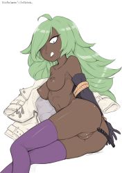 Rule 34 | 1girl, anal, anal beads, bdsm, bondage, bound, breasts, cleft of venus, cosmetics, dark-skinned female, dark skin, female focus, green hair, highres, kunio-kun series, nipples, noize (river city girls), oozutsu cannon, pussy, river city girls, sex toy, solo, thighhighs, uncensored