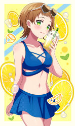 Rule 34 | 1girl, :d, absurdres, bikini, blue bikini, blue skirt, border, breasts, brown hair, cup, disposable cup, eyewear on head, food, fruit, green eyes, heart, heart-shaped eyewear, highres, holding, holding cup, itsumiruka, lemon, medium breasts, navel, open mouth, original, short hair, skirt, smile, stomach, sunglasses, swimsuit, tongue, tongue out