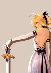 Rule 34 | 1girl, absurdres, artoria pendragon (fate), bare shoulders, breasts, elbow gloves, excalibur (fate/stay night), fate/stay night, fate/unlimited codes, fate (series), gloves, grey background, highres, planted sword, planted, saber (fate), saber lily, sideboob, solo, sword, tunhoy, weapon