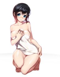 Rule 34 | 1girl, aqua eyes, bad id, bad twitter id, bare legs, barefoot, black hair, blush, breast hold, breasts, breasts squeezed together, cleavage, collarbone, full body, hand on own chest, head tilt, highres, kneeling, knees together feet apart, large breasts, naked towel, open mouth, original, rheez, shiny skin, short hair, simple background, solo, tareme, teeth, toes, towel, white background, white towel