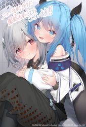 Rule 34 | 2girls, bare shoulders, black dress, blue eyes, blue hair, blush, bonee (neural cloud), commentary request, dress, eip (pepai), fang, girls&#039; frontline, girls&#039; frontline neural cloud, grey hair, hair ornament, hair ribbon, highres, hug, hug from behind, long hair, looking at viewer, max (neural cloud), multiple girls, open mouth, pantyhose, red eyes, ribbon, second-party source, smile, translation request, twintails
