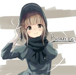 Rule 34 | 1girl, arm at side, arm up, beatrice (princess principal), black dress, black hat, black scarf, blunt bangs, blush, bonnet, brown eyes, brown hair, character name, closed mouth, commentary request, doran (dorannomai), dress, gloves, hat, highres, juliet sleeves, leaning to the side, long sleeves, looking at viewer, princess principal, puffy sleeves, scarf, short hair, smile, solo, upper body, white gloves