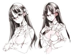 Rule 34 | 1girl, bow, bowtie, bra, breasts, cleavage, closed mouth, clothes lift, collared shirt, dress shirt, endou okito, glasses, hair ribbon, highres, lifting own clothes, long hair, long sleeves, medium breasts, monochrome, multiple views, original, parted bangs, ribbon, shirt, shirt lift, simple background, straight hair, unbuttoned, unbuttoned shirt, underwear, upper body, white background