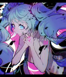 Rule 34 | 1girl, bare shoulders, black skirt, blood, blood on hands, blue eyes, blue hair, blue necktie, collared shirt, commentary, cowboy shot, cracked skin, curly hair, dutch angle, from side, ghost rule (vocaloid), glowing, glowing eyes, hands on own neck, hatsune miku, highres, inu totemo, letterboxed, long hair, looking at viewer, necktie, nude, open mouth, own hands together, pink blood, pleated skirt, shirt, short bangs, sidelocks, skirt, sleeveless, sleeveless shirt, solo, translation request, twintails, very long hair, vocaloid, white shirt