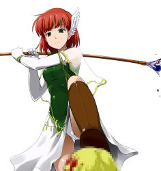 Rule 34 | 1girl, blood, bob cut, boots, censored, censored violence, dress, elbow gloves, fire emblem, fire emblem: the blazing blade, gloves, green eyes, head wings, lucius (fire emblem), nintendo, panties, pantyshot, priscilla (fire emblem), red hair, see-through, short hair, solo, staff, underwear, upskirt, white panties, wings, yandere, youkan