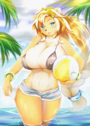 Rule 34 | 1girl, ball, beachball, bikini, bikini top only, blue eyes, bracelet, breasts, character request, cleavage, cutoffs, denim, denim shorts, fangs, fullbokko heroes, furry, furry female, ginko (silver fox), hair ornament, hairclip, highres, holding, holding ball, holding beachball, jewelry, large breasts, lion, long hair, multicolored hair, open clothes, open mouth, open shorts, orange hair, short shorts, shorts, solo, swimsuit, wading, water, wet
